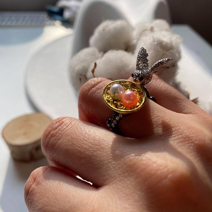 Inele argintiu, cu pasare si cuib, Philine C5, Pursehuit