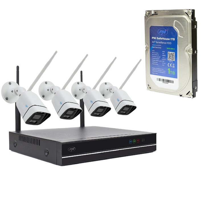 Kit supraveghere video PNI House WiFi660 NVR cu 4 camere wireless, 3MP si HDD PNI SafeHouse 1TB, 3.5" inclus