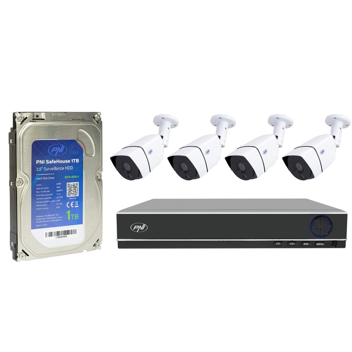 Pachet Kit supraveghere video AHD PNI House PTZ1350 Full HD cu 4 camere exterior 2MP, 1080P si PNI SafeHouse 1TB inclus