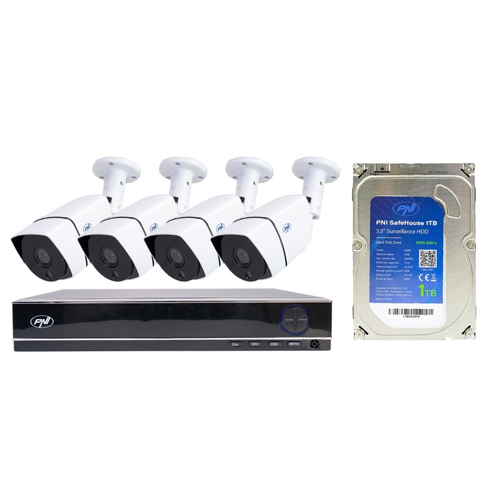 Kit supraveghere video AHD PNI House PTZ1300 Full HD cu 4 camere exterior 2MP, 1080P si PNI SafeHouse 1TB inclus