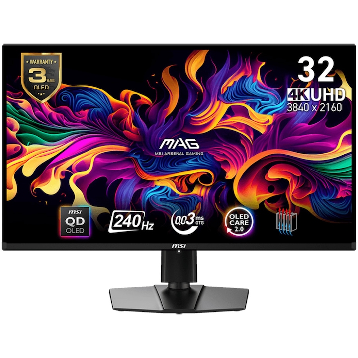 Монитор Gaming LED, MSI MAG 321UPX QD-OLED, 31.2" 4k, 240hz, 0.03 ms, HDMI, Display Port, Въртящ се