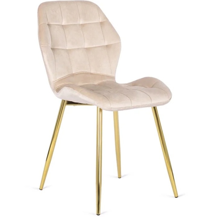 Scaun, Mebel Elite, Lucky, tapitat, pentru dining room, catifea, 47x58x49 cm, Crem/Auriu