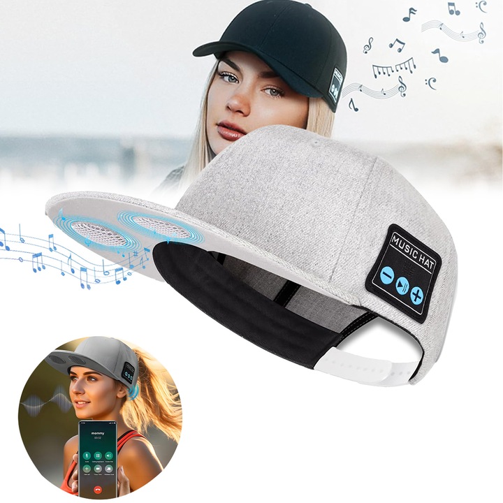 Sapca cu Bluetooth 5.4 Unisex, difuzor pentru apeluri si muzica, moale si confortabila, cu port TYPE-C si baterie litiu reincarcabila, sporturi in aer liber, marime universala, Gri