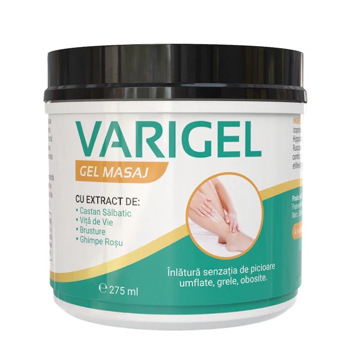 Varigel, Gel de Masaj 275ml – Pentru Picioare cu Dureri, Umflate, Grele sau Obosite – Castan Salbatic, Vita de Vie, Brusture, Ghimpe Rosu – Sustine Circulatia Locala – 8DAR