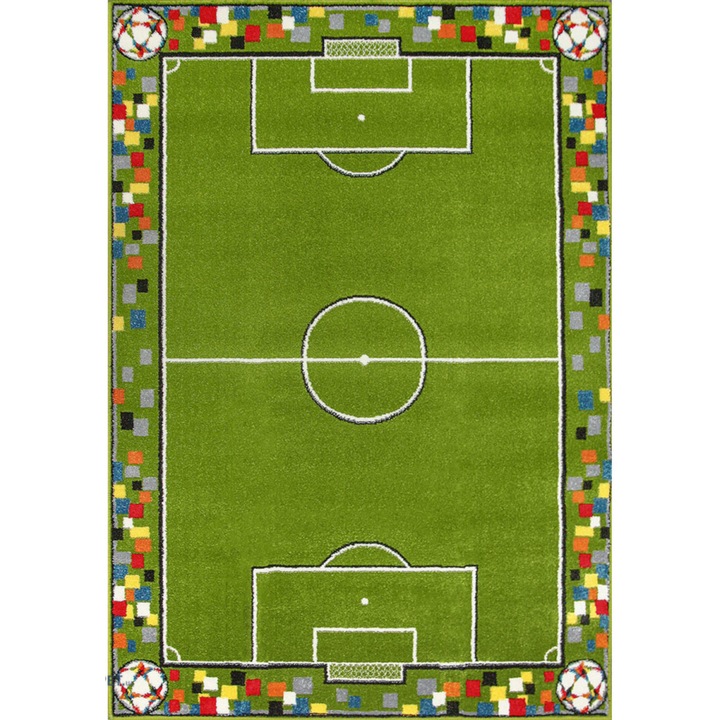 Covor Camera Copii Model Covorexpert Teren Fotbal 11118-130, Marime 80 x 150 cm, Verde, Lungime Fir 9 mm, Antialergic, Polipropilena, Gradinita, Cresa, Loc de Joaca 80 x 150