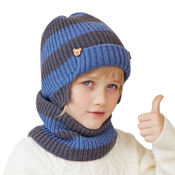 Caciula pentru copii, set doua piese, model cu prelungire peste urechi, accesorii delicate, fular asortat, tematica little funny guy, 3 - 9 ani, albastru cu gri, EFAYN