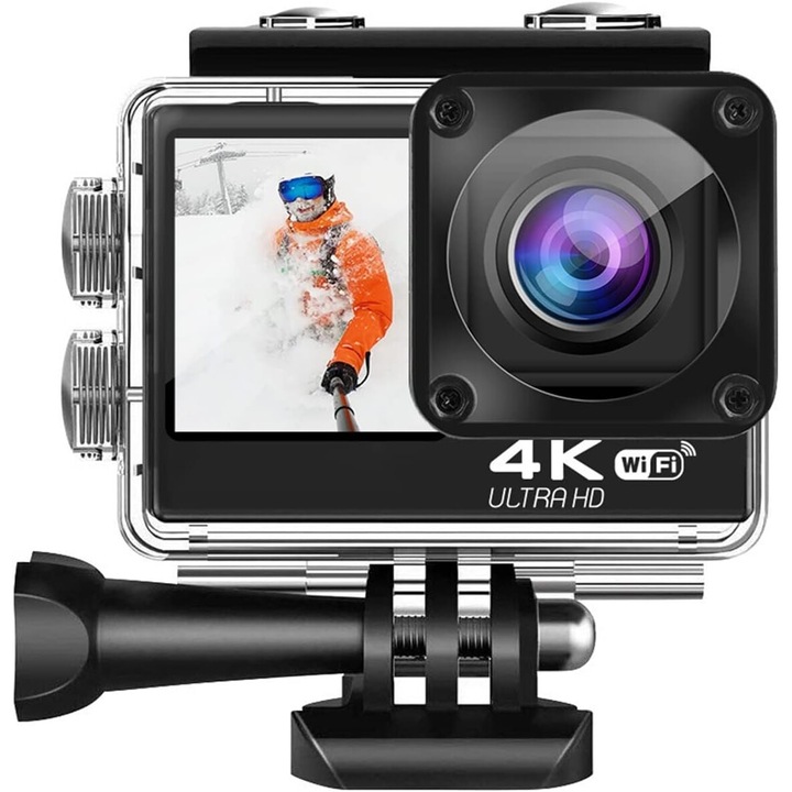 Camera multifunctionala sport ultra HD 4K, 30FPS/60FPS, WI-FI, telecomanda, carcasa rezistenta la apa, anty-shake, negru