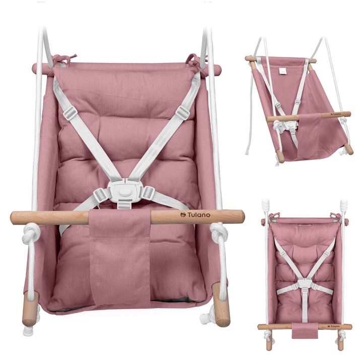Leagan pentru copii, Tulano Hop 40, pentru gradina sau casa, cu centura de siguranta in 5 puncte, 75 x 45 x 28 cm, roz-gri
