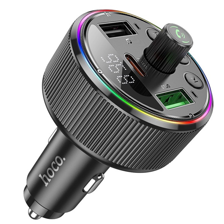 Autós töltő FM-modulátorral, Hoco E82, környezeti világítás, 2x USB és 1x Type-C, mikrofon, fekete