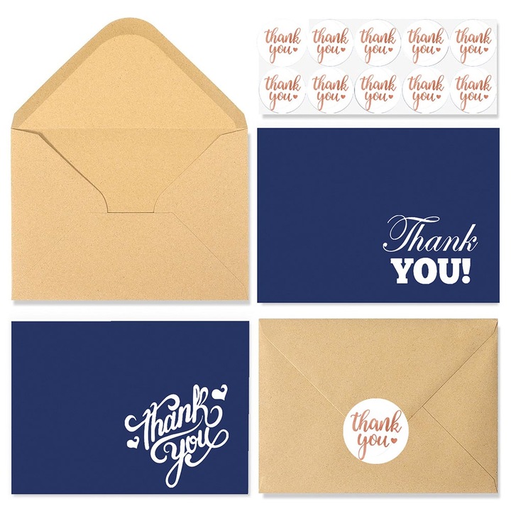 Set 20 Felicitari de Multumire cu plic, carton, perfecte pentru nunti, petreceri de logodna, petreceri pentru bebelusi, zile de nastere, carti de invitatie si altele 10x15cm, Design Minimalist, Albastru