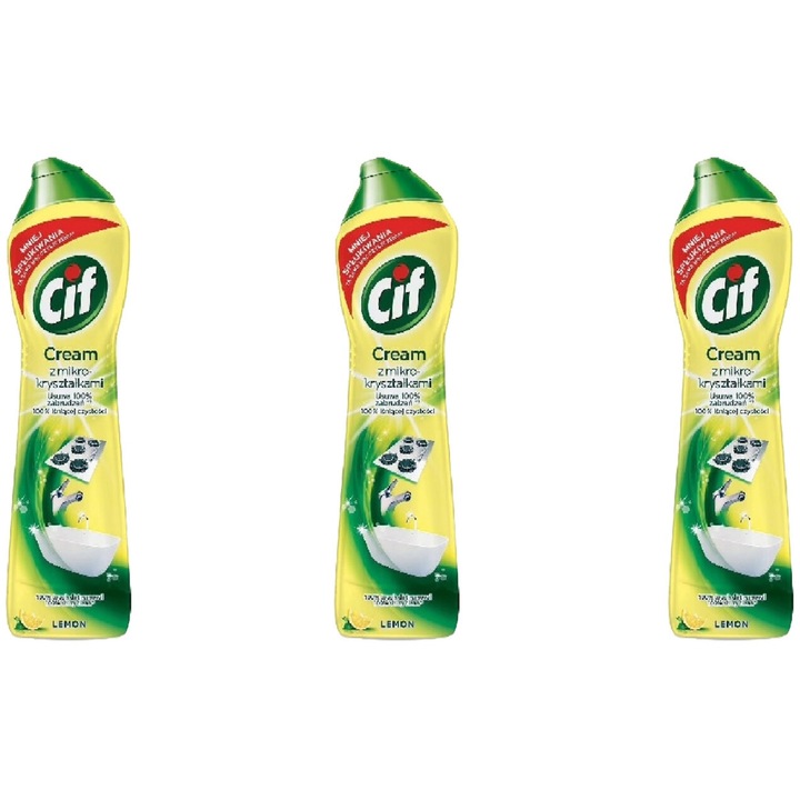 Set 3 x Cif Cream Solutie Universala 500ml Lemon, fresh aroma, parfum floral, distruge calcarul, rapid si eficient, testat dermatologic, prospetime de lunga durata, eficacitate maxima, continut generos, elimina mirosuri neplacute
