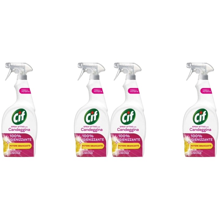 Set 4 x Cif Spray 650ml Solutie Cu Inalbitor, fresh aroma, parfum floral, distruge calcarul, rapid si eficient, testat dermatologic, prospetime de lunga durata, eficacitate maxima, continut generos, elimina mirosuri neplacute