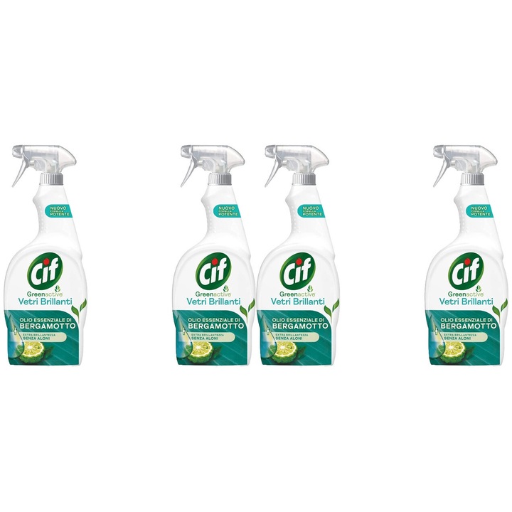 Set 4 x Cif Spray 650ml Green Active Solutie Geam Lamaie Verde, fresh aroma, parfum floral, distruge calcarul, rapid si eficient, testat dermatologic, prospetime de lunga durata, eficacitate maxima, continut generos, elimina mirosuri neplacute