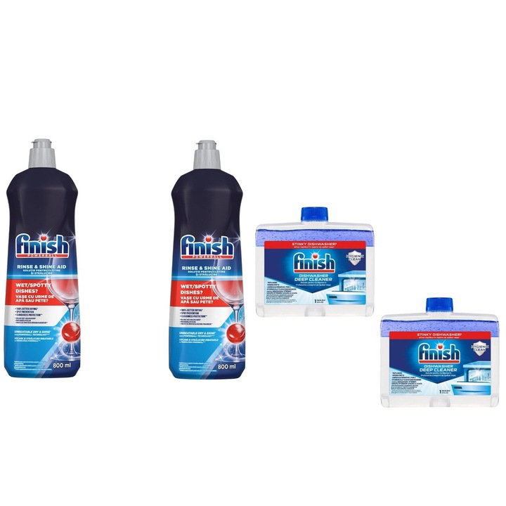 Set 4 x Finish Variety, 2 x Solutie Clatire 800ml Masina Spalat Vase, 2 x Solutie Intretinere 250ml Regular Masina Spalat Vase, fresh aroma, parfum floral, distruge calcarul, rapid si eficient, testat dermatologic, prospetime de lunga durata