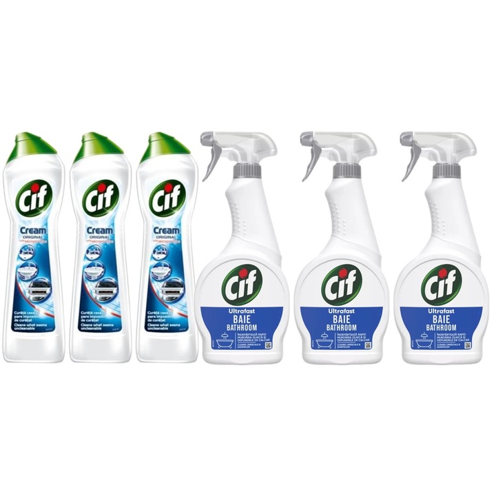 Set Cif 6 x Variety, 3 x Cream Solutie Universala 500ml Original, 3 x Solutie Baie 500ml Ultrafast, fresh aroma, parfum floral, distruge calcarul, rapid si eficient, testat dermatologic, prospetime de lunga durata, eficacitate maxima, continut generos