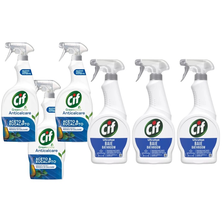 Set Cif 6 x Variety, 3 x Spray 650ml Solutie Anticalcar, 3 x Solutie Baie 500ml Ultrafast, fresh aroma, parfum floral, distruge calcarul, rapid si eficient, testat dermatologic, prospetime de lunga durata, eficacitate maxima, continut generos