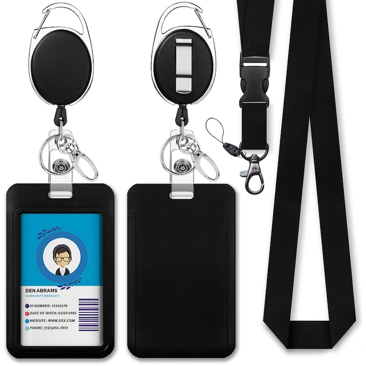 Set 2 suporturi card de identitate, cu rola retractabila, Potrivit pentru birouri, conferinte, sali de expozitiePentru ecuson, legitimatie, card acces, PU/Aliaj de zinc, 6.9x11cm, Negru