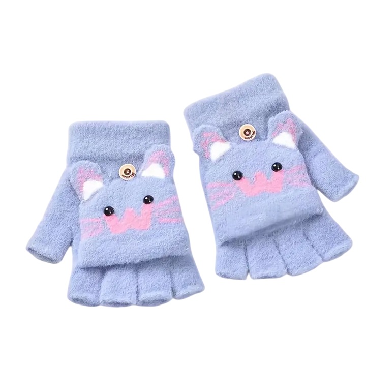 Manusi pentru copii, model vesel cu capac si degete dezgolite, tematica animalute vesele, 3 - 9 ani, albastru deschis, EFAYN