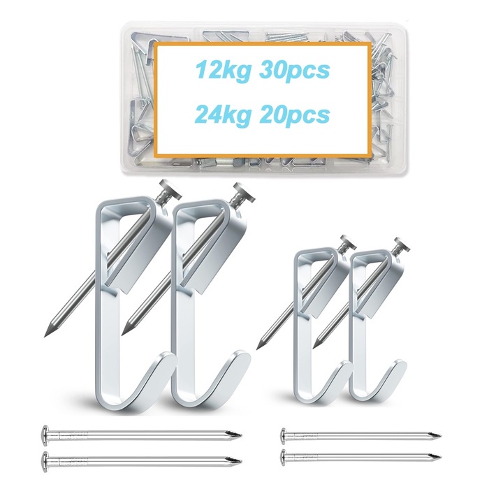 50 db-os képakasztó készlet, 12/24 KG, fa vagy gipszkarton falakhoz, ezüst