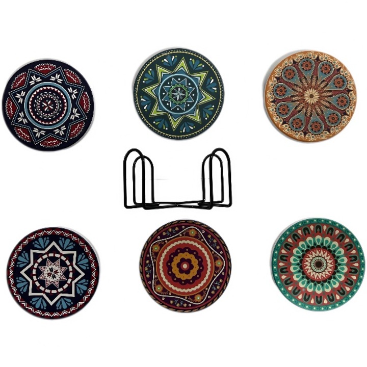 Set suporturi pentru bauturi, 6 bucati, ceramica absorbanta, design boho, baza din pluta, 10x10cm