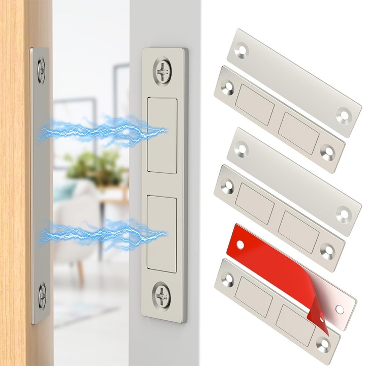 Set 4 incuietori magnetice pentru usi dulap, cu suruburi incluse pentru usi si sertare, fara gauri, magneti pentru usa dulap, invisibil, 6.5x1.6cm, ultra-subtire, rezistenta mare