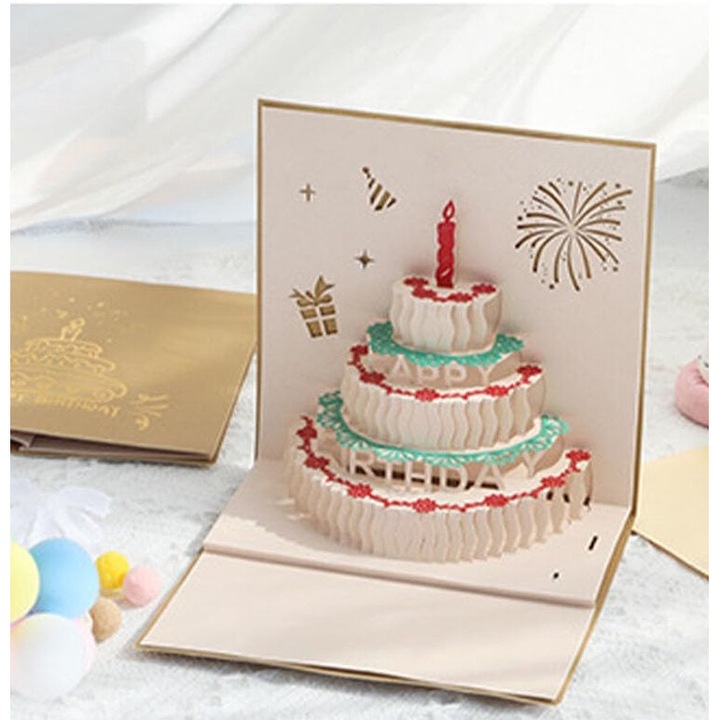 Felicitare 3D cu tort si flori, set cu card gol, multicolor