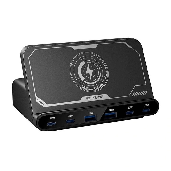 BlitzWolf BW-S27 töltő, 160W, 2xUSB-A, 4xUSB-C, vezeték nélküli 15W, fekete, 133x76x80mm