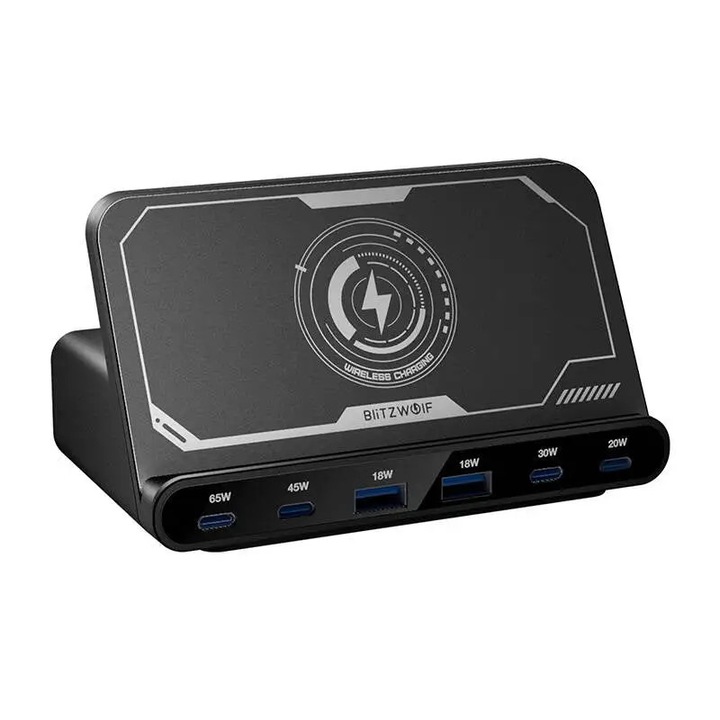 Incarcator BlitzWolf BW-S27, 160W, 2xUSB-A, 4xUSB-C, wireless 15W, negru, 133x76x80mm