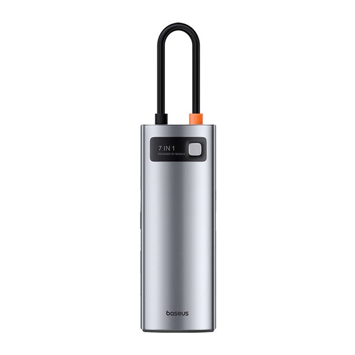HUB адаптер Baseus, 7-в-1, Метал, Алуминиев, USB-C - 1x HDMI, 3x USB 3.0, 1x USB-C PD 100W, 1x MicroSD, 1x SD, Сив