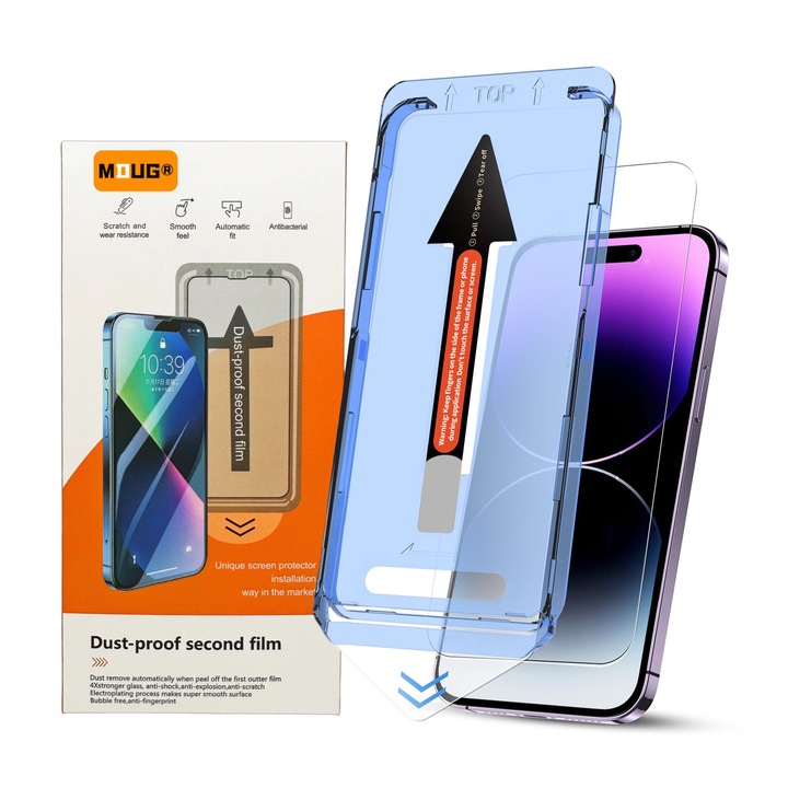 Защитно фолио за протектор на екрана iPhone14 pro max, с комплект за незабавно нанасяне и функция за автоматично премахване на прах, изработено от защитено стъкло 9H+, Super HD яснота, електронно олеофобно покритие и обработка против пръстови отпечатъци