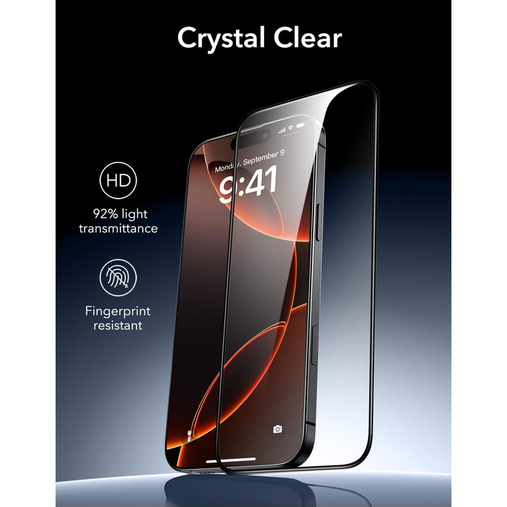 Folie de Protectie pentru protector de ecran iPhone15 pro max, cu Kit de Aplicare Instanta si Functie Automata de Indepartare a Prafului, din Sticla Securizata 9H+, Claritate Super HD, Tratament Electronic Oleofobic si Anti Amprente