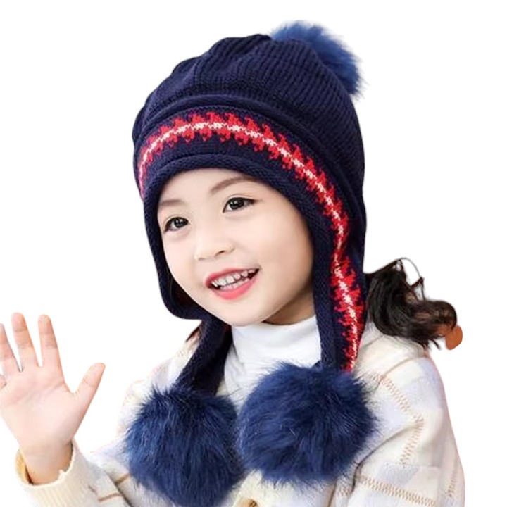 Caciula pentru copii, model cu pom pom si prindere reglabila sub barbie, tematica cute and funny, 3 - 9 ani, albastra inchis, EFAYN