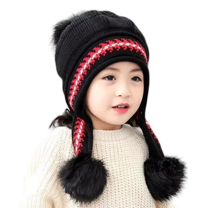 Caciula pentru copii, model cu pom pom si prindere reglabila sub barbie, tematica cute and funny, 3 - 9 ani, neagra, EFAYN