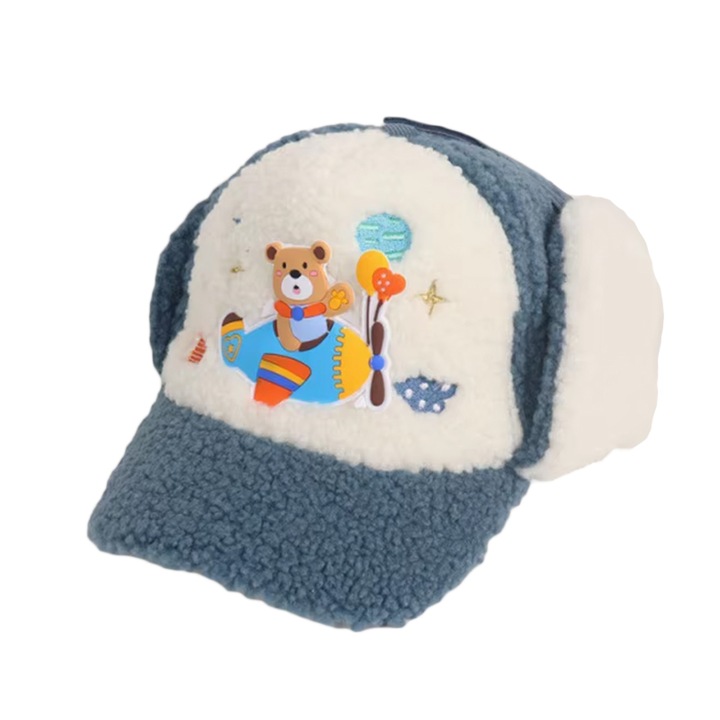 Sapca pentru copii, model pufos si calduros, prindere in doua moduri cu scai, urechi flip flop, tematica ursulet aviator, 3 - 6 ani, albastra, EFAYN