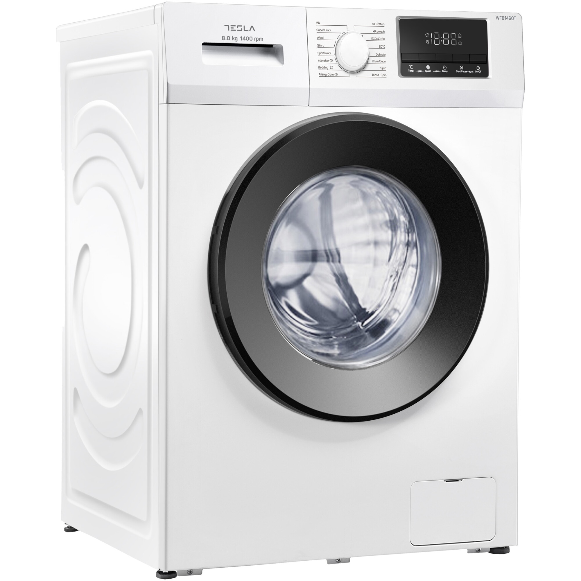 Masina de spalat rufe Tesla WF81460T, 8 kg, 1400 RPM, Clasa A, Inverter, 16 programe, Spin Speed, Sistem Child Lock, Delay Start, LED alb, Alb