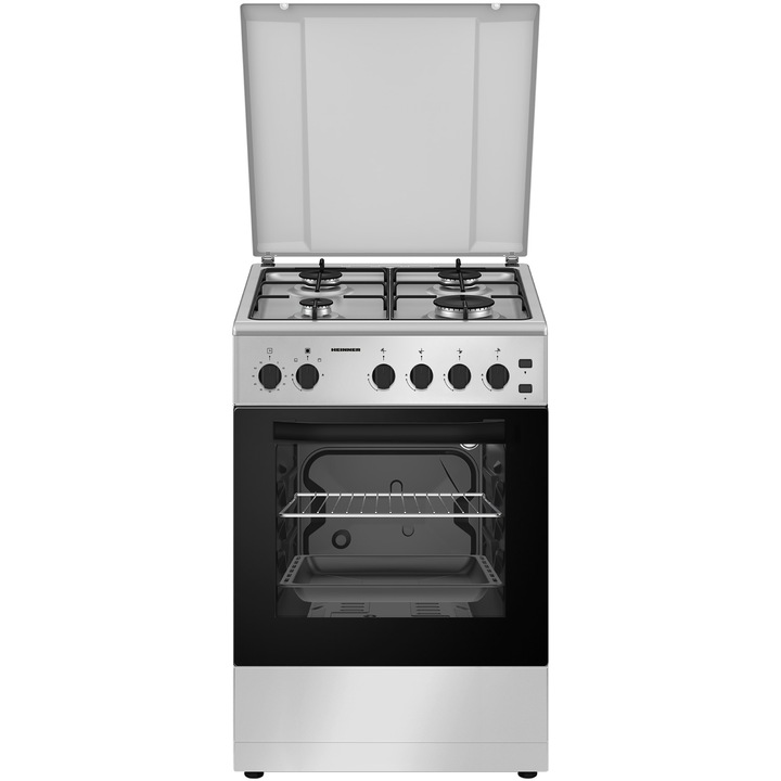 Aragaz Heinner HFSC-S50LITGSL, Gaz, 4 arzatoare, Aprindere electrica plita/cuptor, Dispozitiv de siguranta plita/cuptor, Timer, Grill, Lumina cuptor, 50 cm, Argintiu
