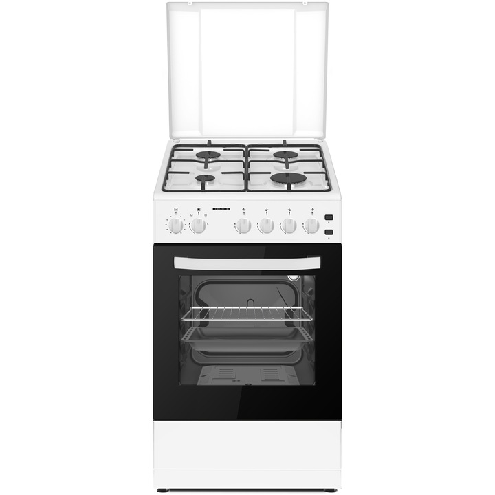 Aragaz Heinner HFSC-V60LITGWH, Gaz, 4 arzatoare, Aprindere electrica plita/cuptor, Dispozitiv de siguranta plita/cuptor, Timer, Grill, Lumina cuptor, 60 cm, Alb
