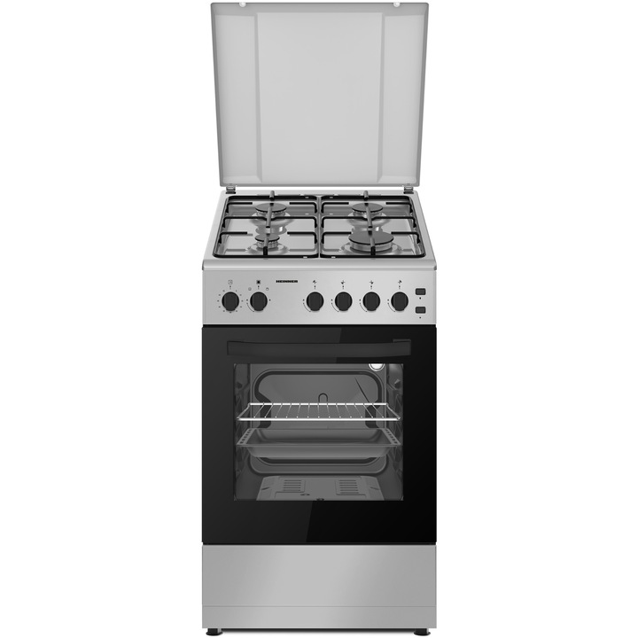 Aragaz Heinner HFSC-V60LITGSL, Gaz, 4 arzatoare, Aprindere electrica plita/cuptor, Dispozitiv de siguranta plita/cuptor, Timer, Grill, Lumina cuptor, 60 cm, Argintiu