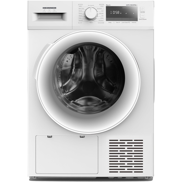 Uscator de rufe Heinner HHPD-M8G3PDA++, Pompa de caldura, 8 kg, 16 programe, Clasa A++, Display LED, Functie Start intarziat, Functie Anti-Sifonare, Iluminare cuva, Alb