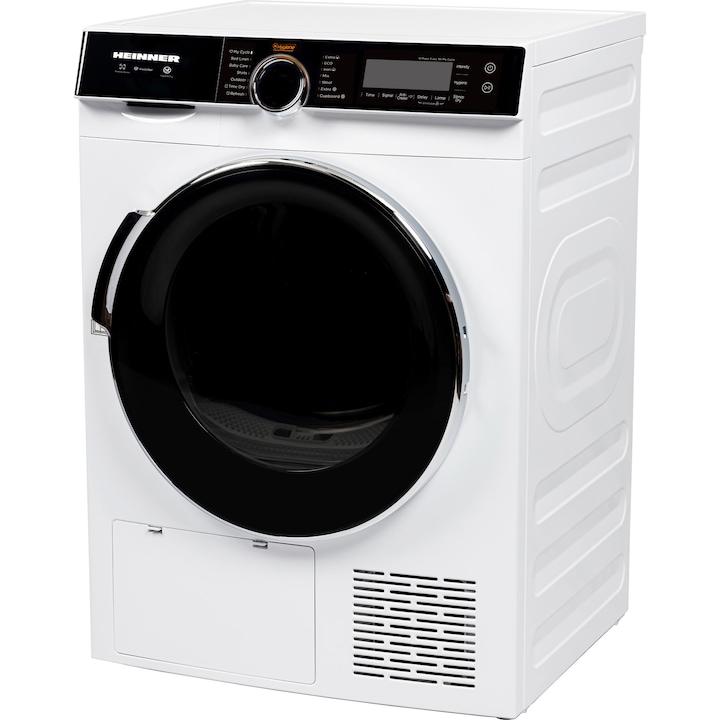 Uscator de rufe Heinner HHPD-M10K3A+++, Pompa de caldura, 10 kg, Inverter, 14 programe, Clasa C, Control touch, Functie Anti-Sifonare, Program Sterilizare, Iluminare cuva, Alb