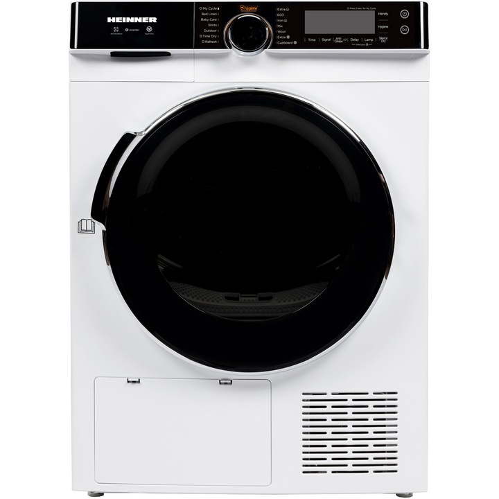 Uscator de rufe Heinner HHPD-M9K3A+++, Pompa de caldura, 9 kg, Inverter, 14 programe, Clasa A+++, Control touch, Functie Anti-Sifonare, Program Sterilizare, Iluminare cuva, Alb
