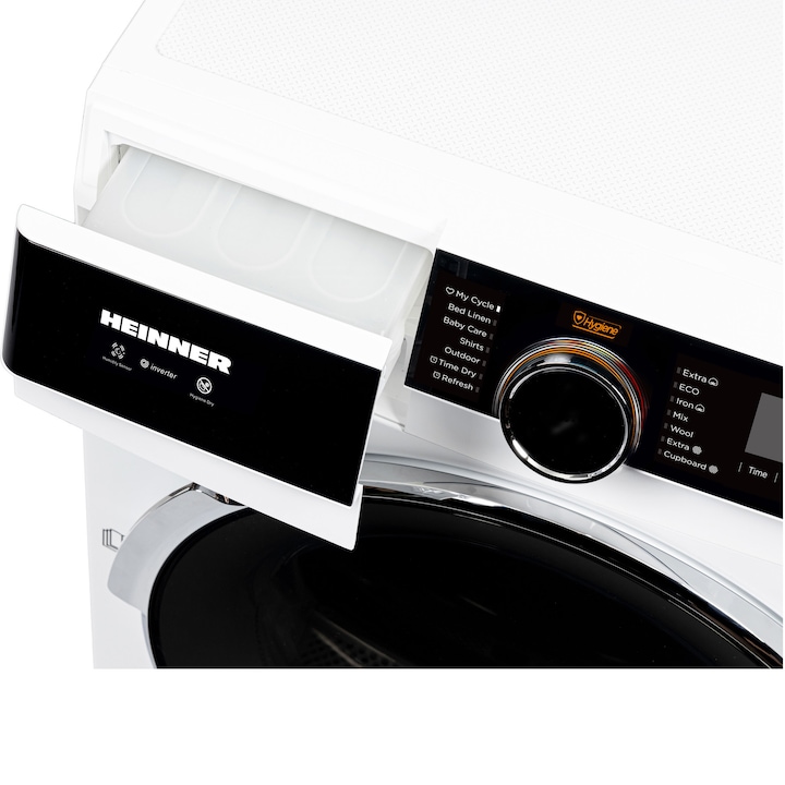 Uscator de rufe Heinner HHPD-M10K3A+++, Pompa de caldura, 10 kg, Inverter, 14 programe, Clasa C, Control touch, Functie Anti-Sifonare, Program Sterilizare, Iluminare cuva, Alb