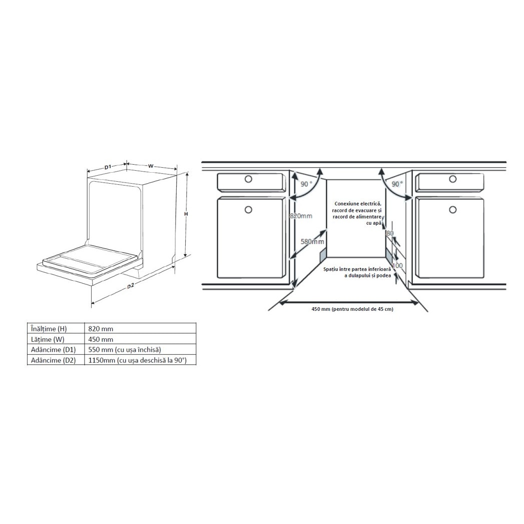 RESIGILAT: Masina de spalat vase incorporabila Heinner HDW-BIM45710AD+++, 10 seturi, 7 programe, Display LED, Auto-door opening, Aquastop, Clasa D, 45 cm