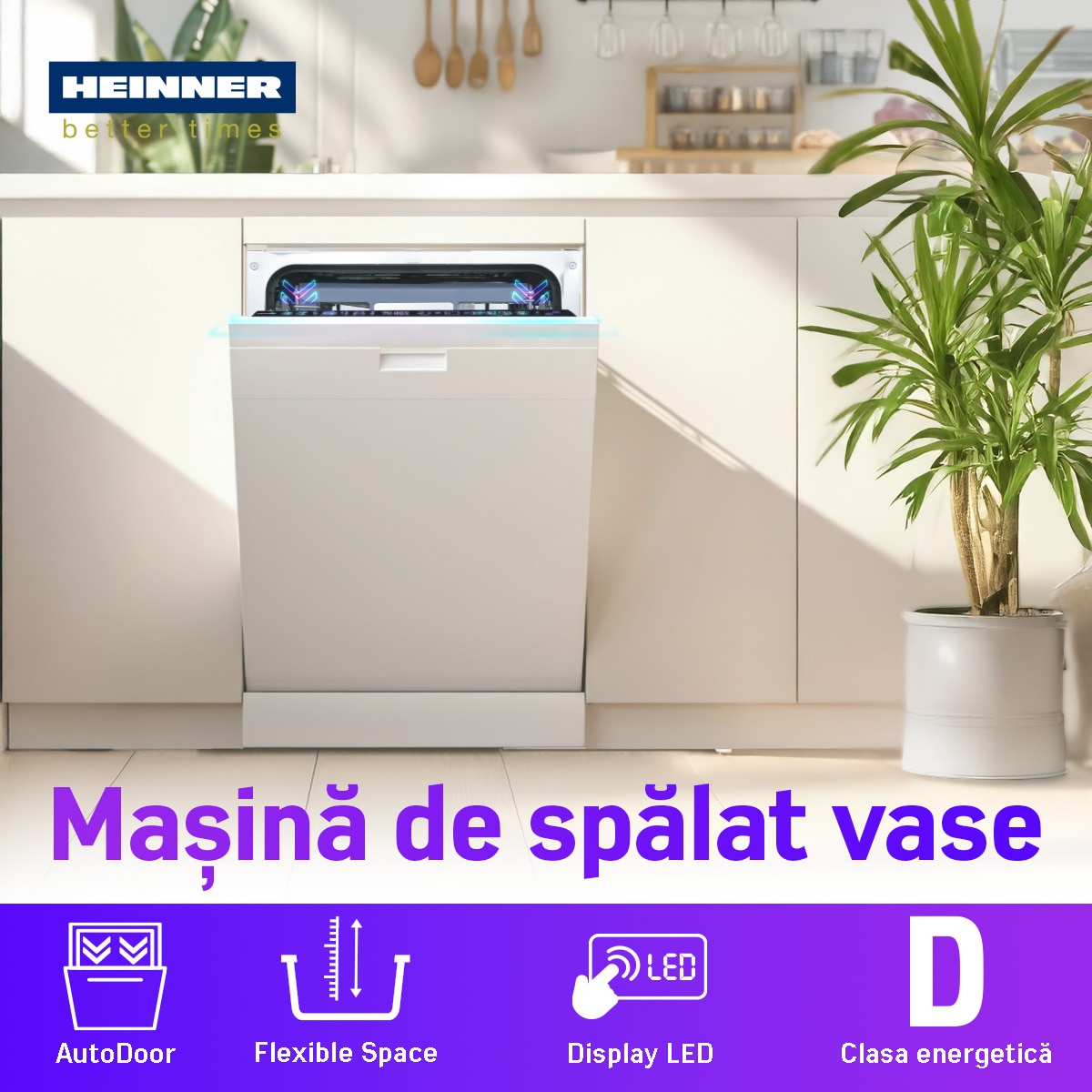 RESIGILAT: Masina de spalat vase incorporabila Heinner HDW-BIM45710AD+++, 10 seturi, 7 programe, Display LED, Auto-door opening, Aquastop, Clasa D, 45 cm