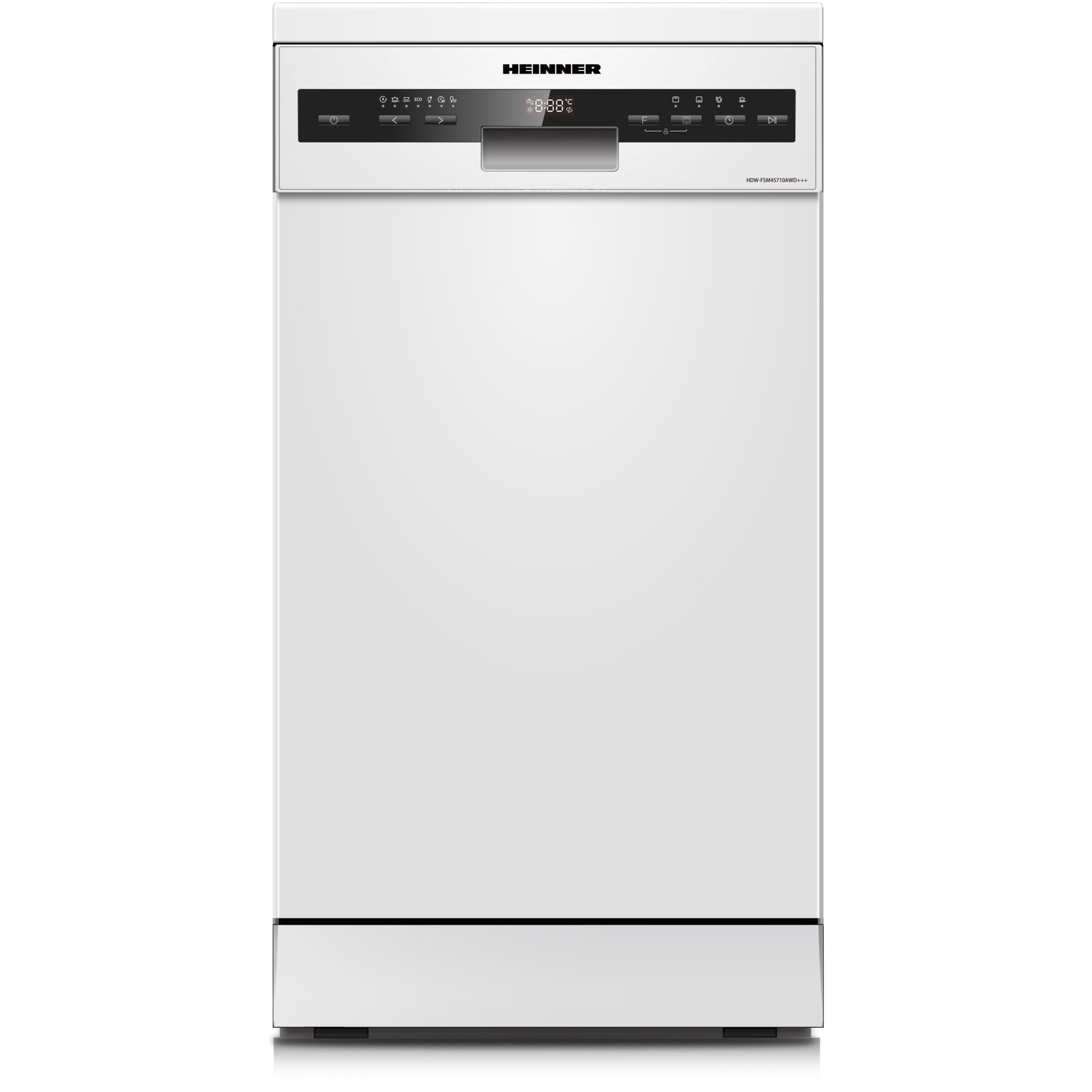 Masina de spalat vase Heinner HDW-FSM45710AWD+++, 10 seturi, 7 programe, Auto-Door opening, Control electronic, Display LED, Aquastop, Clasa D, 45 cm, Alb