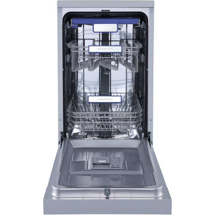 Съдомиялна Heinner HDW-FSM45710AXD+++, 10 комплекта, 7 програми, Клас D, Auto-Door opening, Програма intensiv, Програма чаши, Програма 90 мин, Електронно управление, LED дисплей, 45 см, Инокс
