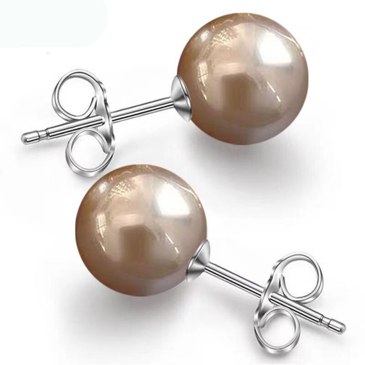 Cercei Argint cu Perle Naturale Buton, de 7,5 mm, Vanaxalife®, Culoare Sampanie