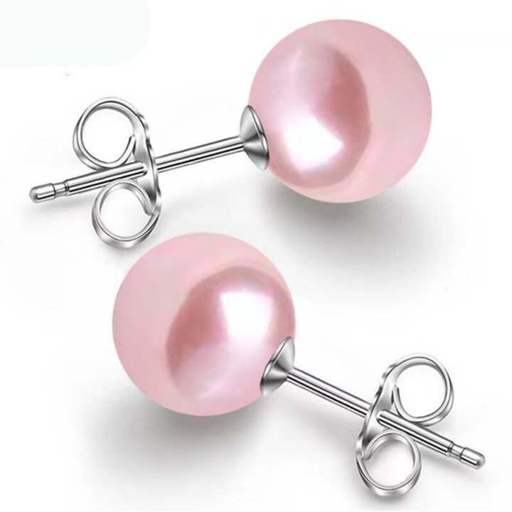 Cercei Argint cu Perle Naturale Buton, de 7,5 mm, Vanaxalife®, Roz