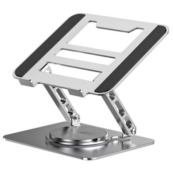 Laptop állvány, 11-17 hüvelyk, 360°-ban forgatható, állítható magasság, 10 kg-ig, hordozható, csúszásgátló, imbuszkulccsal állítható intenzitás, ergonómikus, kompatibilis a MacBook, táblagép, iPad, univerzális, tömör alumínium, Vanaxalife, ezüst