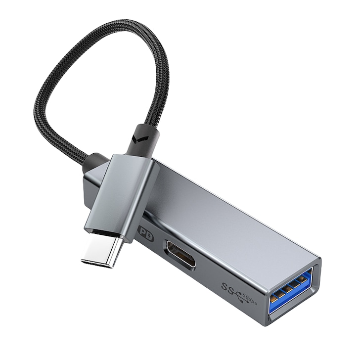 Медиен конвертор, OTG към Typec, 2 в 1 трансфер на данни, поддържа PD60W бързо зареждане, външни USB слушалки/клавиатура/U диск/мишка, видеозапис на външно хранилище, сиво